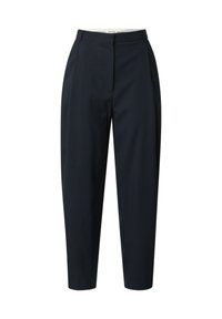 Marineblauen Hosen aus einem glatten Stoff; mit einem taillierten Design, Falten an der Vorderseite, einer mittelhohen Taille und zulaufenden Beinen.