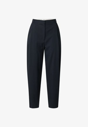 Marineblauen Hosen aus einem glatten Stoff; mit einem taillierten Design, Falten an der Vorderseite, einer mittelhohen Taille und zulaufenden Beinen.