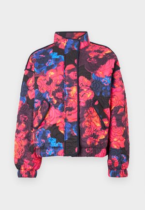 Quilted jacket with floral pattern in vibrant red, blue, purple, and black tones, featuring a stand collar and front pockets.
