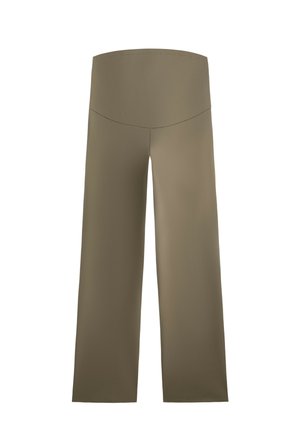 Pantaloni a gamba larga di un solido colore oliva, con una texture liscia e morbida e un design a vita alta senza hardware o decorazioni visibili.