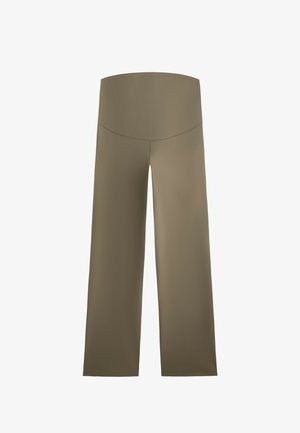 Pantaloni a gamba larga di un solido colore oliva, con una texture liscia e morbida e un design a vita alta senza hardware o decorazioni visibili.