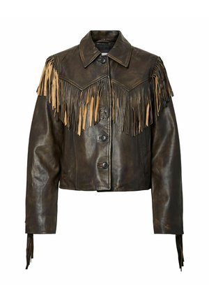 Tumepruun nahast jakk, millel on nööbitav eesmine pool, terav krae ning heledatepruunide tuttidega detailid üle rinna, õlgade ja varrukaotste.