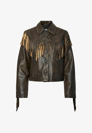 Tumepruun nahast jakk, millel on nööbitav eesmine pool, terav krae ning heledatepruunide tuttidega detailid üle rinna, õlgade ja varrukaotste.