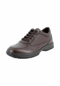 Sneaker in pelle marrone con punta arrotondata, design con lacci e suola imbottita. Caratterizzato da un sottile motivo cucito e suola in gomma resistente.