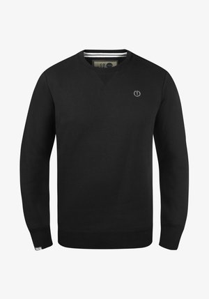 Sweat-shirt en coton noir à col rond avec poignets côtelés, design en V, et petit logo sur la poitrine. Texture uniforme sur toute la surface.