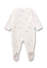 Witte romper voor baby's met voetjes, versierd met kleine pastelbloem- en bladmotieven in blauw, roze, oranje en groen.