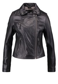 Black leather jacket with a zip-up front, multiple zippered pockets, and a pointed collar. Features a fitted design and smooth texture.