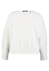 White, textured sweater featuring a round neckline, dropped shoulders, and a gathered hem. Material appears soft and lightweight.