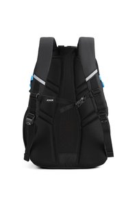 Zaino nero con pannello posteriore in rete, spallacci imbottiti e accenti riflettenti. Dotato di fibbie regolabili e un design slanciato.