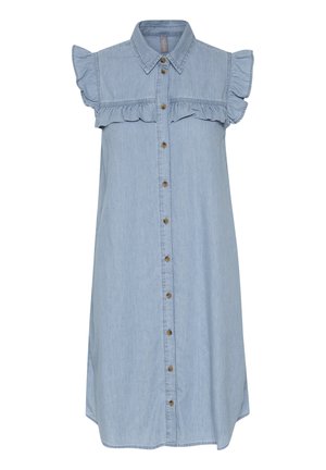 Lyseblå denimkjole med korte flæsekorte ærmer, knaplukning foran og en afslappet pasform. Har krave og diskrete syninger.