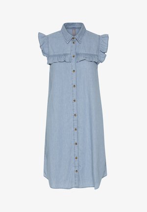Lichtblauwe denim jurk met korte, gerafelde mouwen, knopen aan de voorkant en een ontspannen pasvorm. Heeft een kraag en subtiele stikdetails.