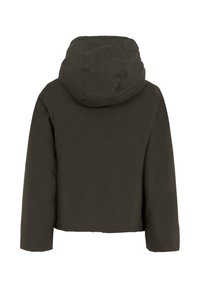 Krótkia, ciemnoszara kurtka puchowa z kapturem. Gładka tekstura, minimalistyczny design i brak widocznych zapięć z tylnego widoku.