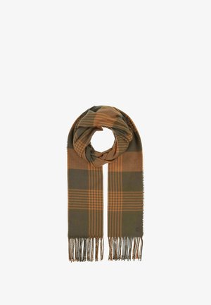 Karo-Schal in Olivgrün und Braun, aus weichem Material gefertigt. Verfügt über fransige Kanten und ein kariertes Muster mit kontrastierenden Streifen.