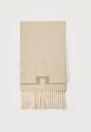 Écharpe en laine beige avec bordure géométrique marron clair près des extrémités à franges, posée à plat sur fond blanc.