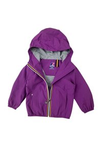 Giacca leggera per bambini di colore viola con cappuccio, interno grigio, zip frontale e polsini elasticizzati. Presenta un’etichetta con logo e accenti colorati.