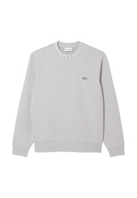Sweatshirt gris en mélange de coton ; présente un col et des manches côtelés, avec un petit logo brodé sur la poitrine et un col de marque.