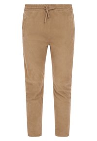 Beige suède jogger broek met een elastische tailleband, trekkoordsluiting en zijzakken. Glad textuur met een taps toelopende pasvorm.