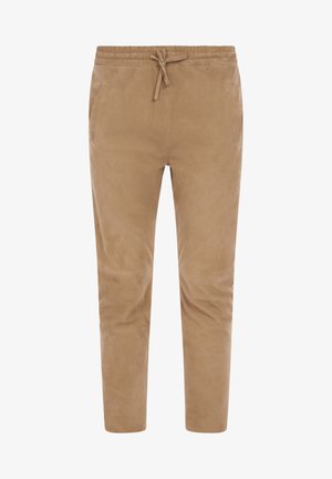 Beige suède jogger broek met een elastische tailleband, trekkoordsluiting en zijzakken. Glad textuur met een taps toelopende pasvorm.