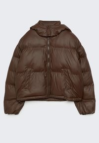 Giacca a pressione marrone con zip frontale, cappuccio, design trapuntato e tasche laterali. Realizzata in materiale liscio e lucido con un taglio cropped.