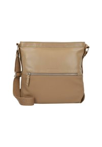 Bolso bandolera marrón con piel suave y tela texturizada, correa ajustable y un bolsillo frontal con cremallera para mayor funcionalidad.