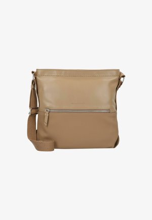 Sac en bandoulière marron en cuir lisse et tissu texturé, avec une bandoulière ajustable et une poche zippée à l'avant pour plus de fonctionnalité.