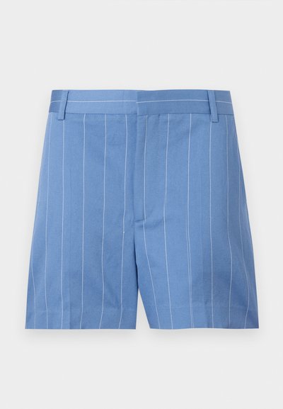 Lyseblå shorts med hvite vertikale striper, med en glatt tekstur, flat front og standard midje med beltehemper.