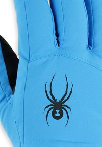 Blue glove with textured fabric and black spider logo. Features accent stitching and a black palm section for grip.