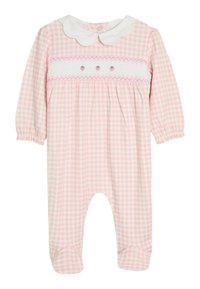 Ružový gingham overal s bielym golierom, zúženým predným panelom a vyšívanými jahodami, so elastickými manžetami a nohavicami.