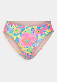 Parte de baixo de bikini floral colorido, apresentando uma mistura de flores rosa, azul, amarelo e verde sobre um fundo claro. Design de perna alta.