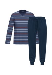 Pigiama a maniche lunghe a righe nei colori blu, grigio e bordeaux, abbinato a pantaloni con elastico in vita di colore blu navy. Tessuto morbido con texture a coste.