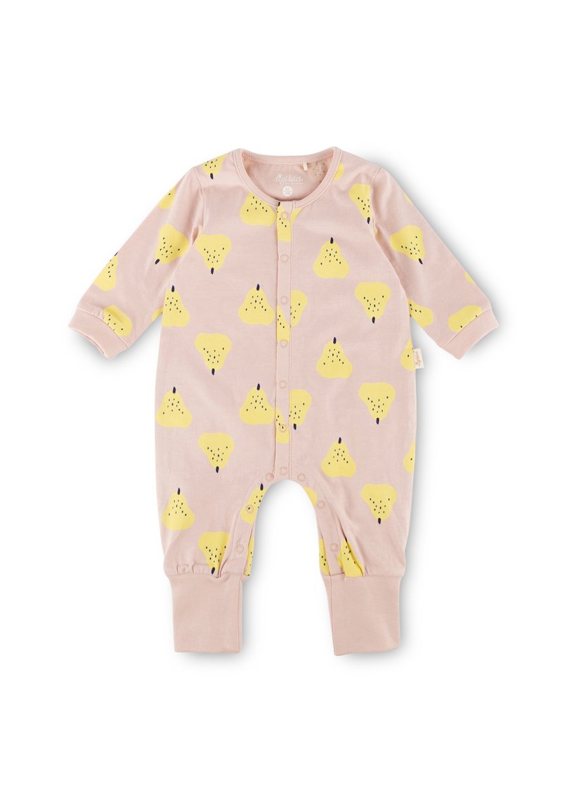 Pink onesie with yellow pear pattern, long sleeves, snap buttons down the front, and elasticized cuffs at ankles and wrists. Soft texture.