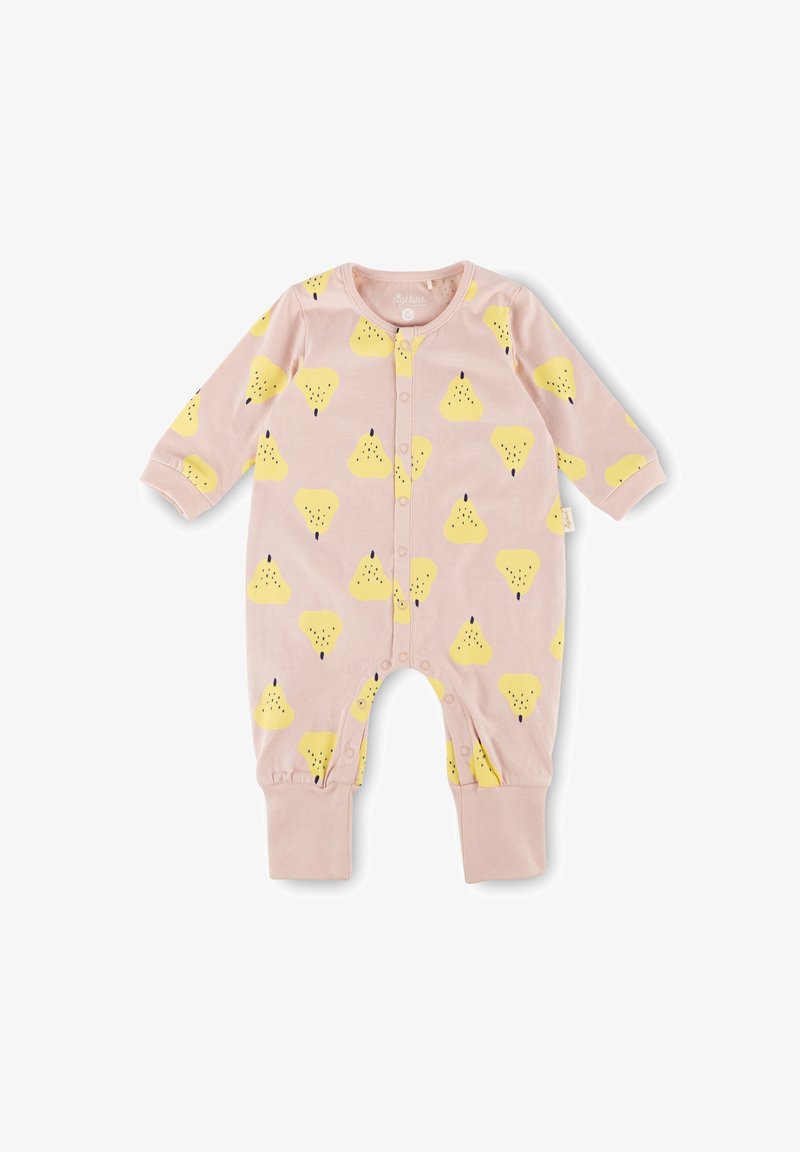 Pink onesie with yellow pear pattern, long sleeves, snap buttons down the front, and elasticized cuffs at ankles and wrists. Soft texture.