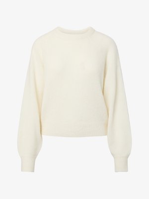 Kremfarget langermet strikkegenser med rillede rundhals, mansjetter og nederkant.