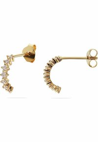 Guldörhängen med en texturerad design, som har en rad klara kristaller på ena sidan och ett ribbat mönster på den andra.