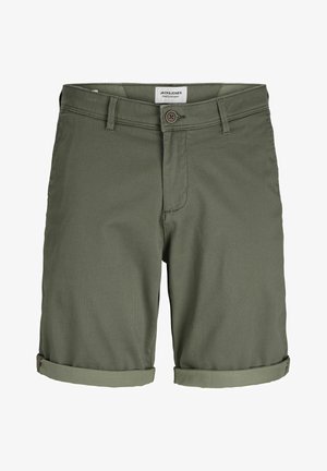 Πράσινες υφασμάτινες βερμούδες με κλείσιμο κουμπιού και γυριστά μπατζάκια. Το ύφασμα έχει ένα λεπτό σχέδιο, διαθέτει πλευρικές τσέπες και ραμμένο ζωνάκι.