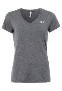 Graues Heather-V-Ausschnitt-T-Shirt aus leichtem, atmungsaktiven Material. Kurze Ärmel und ein kleines weißes Logo auf der linken Brust.