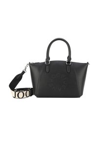 Czarna skórzana torebka o zdefiniowanym kształcie, z górnymi uchwytami i odczepianym paskiem. Posiada wytłoczone logo oraz teksturowaną powierzchnię.