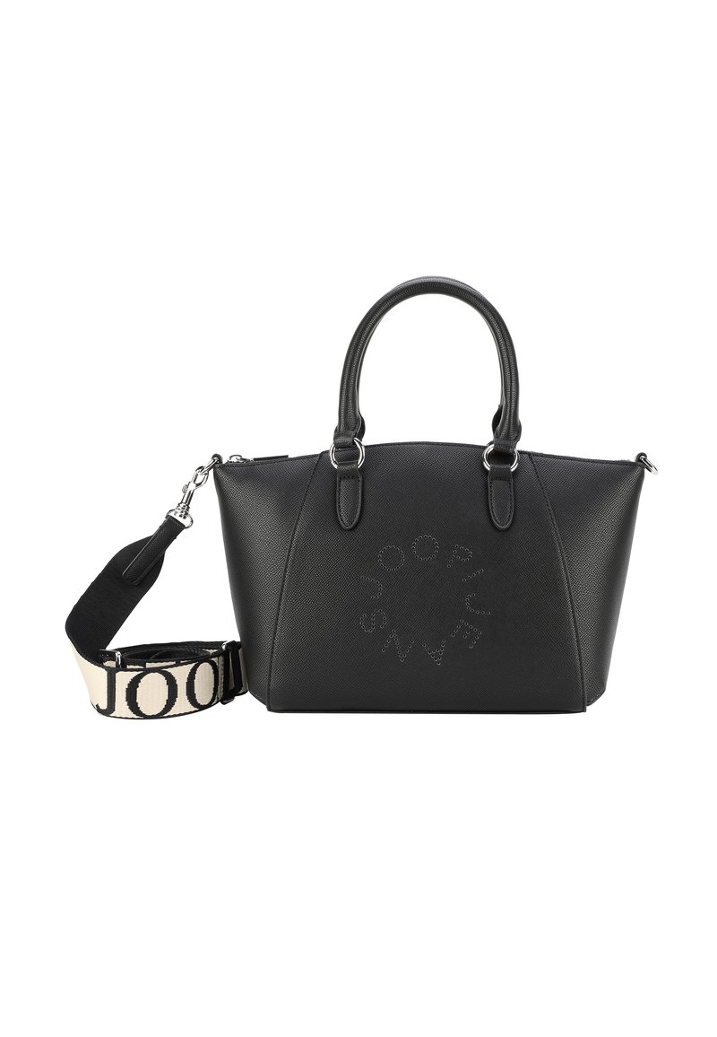 Czarna skórzana torebka o zdefiniowanym kształcie, z górnymi uchwytami i odczepianym paskiem. Posiada wytłoczone logo oraz teksturowaną powierzchnię.