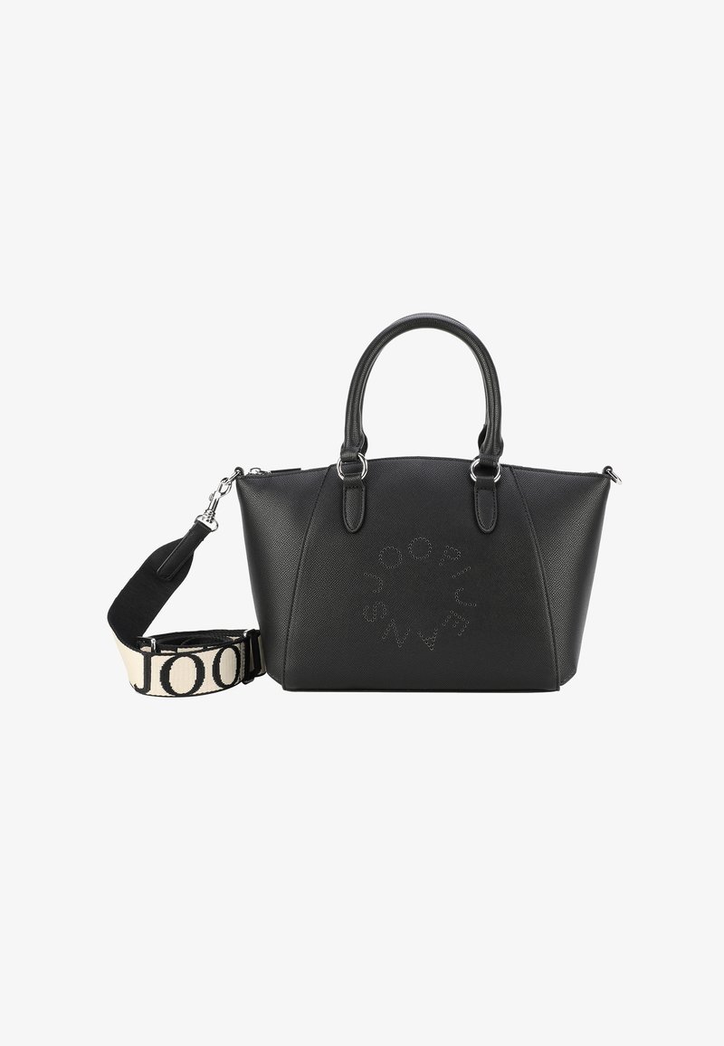 Czarna skórzana torebka o zdefiniowanym kształcie, z górnymi uchwytami i odczepianym paskiem. Posiada wytłoczone logo oraz teksturowaną powierzchnię.