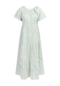 Lys grøn, knælang kjole med puffærmer, rynket halsudskæring og tiered ruffle kant. Har et blomstermønster i blå og hvid.