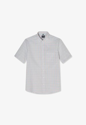 Camicia a maniche corte con piccolo motivo a quadretti arancione, blu e bianco e una tasca sul petto.
