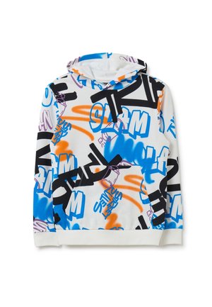 Bílá mikina s kapucí s vícero barevným graffiti stylem textu a abstraktními vzory v modré, oranžové, černé a fialové barvě, vybavená přední kapsou a kapucí.