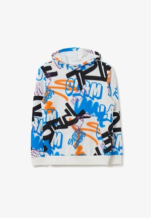 Witte hoodie met multikleurige graffiti-stijl tekst en abstracte ontwerpen in blauw, oranje, zwart en paars, voorzien van een voorzak en capuchon.