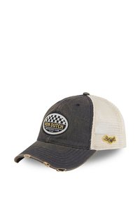 Dunkelgrau-weiße Netz-Baseballmütze mit abgenutztem Schirm, "Von Dutch Motorcycle Club"-Patch und kleinem gelben Logo auf der seitlichen Netzfläche.