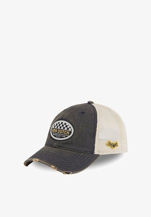 Dark gray and white mesh baseball cap with distressed bill, "Von Dutch Motorcycle Club" patch, and small yellow logo on side mesh panel.
