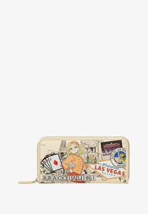 Cream-colored wallet featuring a cartoon woman, playing cards, and Las Vegas motifs. Made of textured material with a zip closure.
