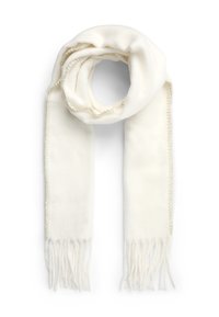 Sciarpa bianca realizzata in morbido tessuto, con estremità frangiate e un bordo testurizzato lungo i lati. Arrotolata in una forma a spirale morbida.