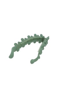 Fermaglio per capelli verde di plastica a forma di colonna vertebrale, con bordi arrotondati, molteplici accenti simili a foglie e piccoli dentini per la presa.