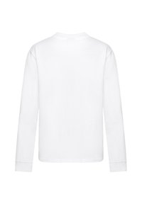 Langärmliges weißes T-Shirt, aus Baumwollmaterial, Rundhalsausschnitt, glatte Textur, keine sichtbaren Muster oder Grafiken, schlichtes Rückendesign.
