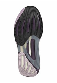Suola della scarpa in gomma nera con accenti viola e lilla. Superficie testurizzata con scanalature e intagli per flessibilità e trazione.